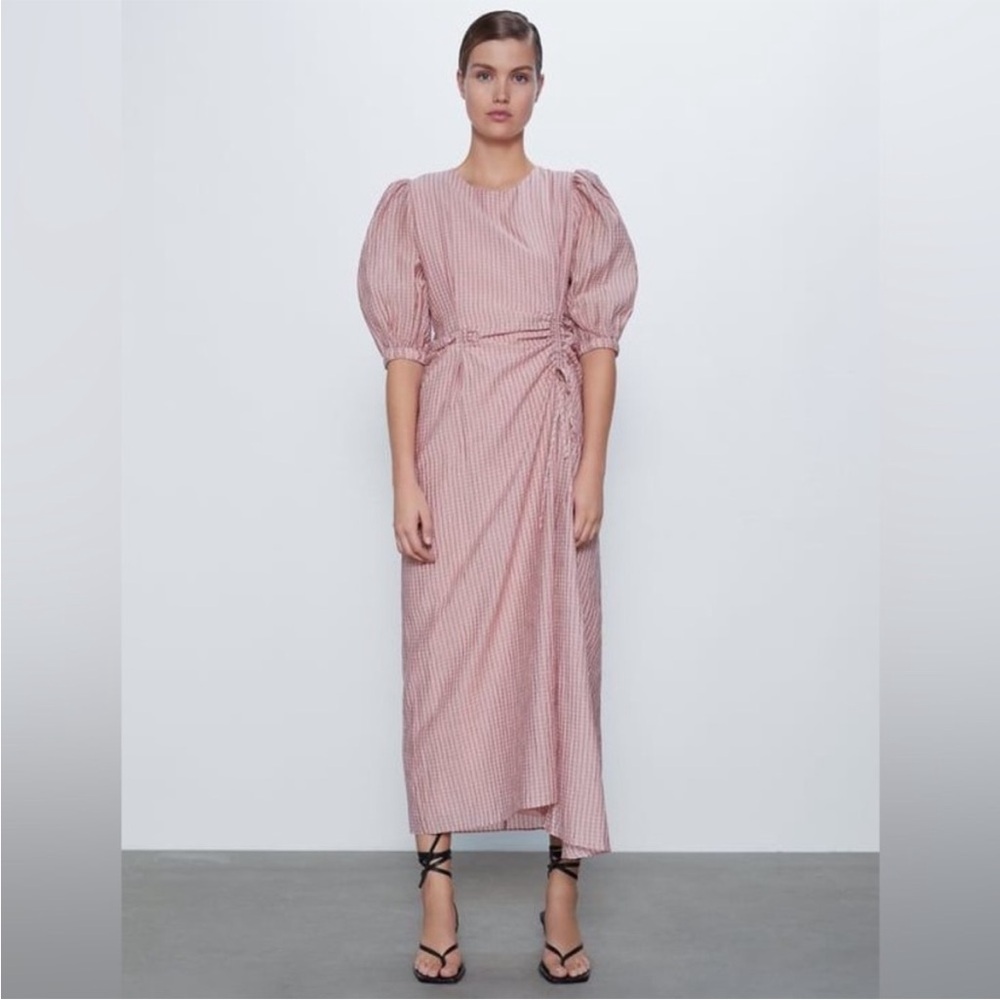 Zara Pink Striped Midi Dress with Puff Sleeves